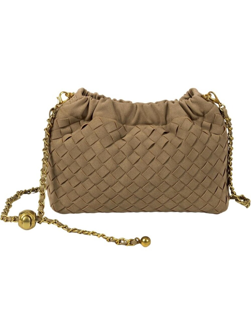 Women Light Brown Gold Woven Dumpling Clutch Purse Trendy Shoulder Crossbody Bag